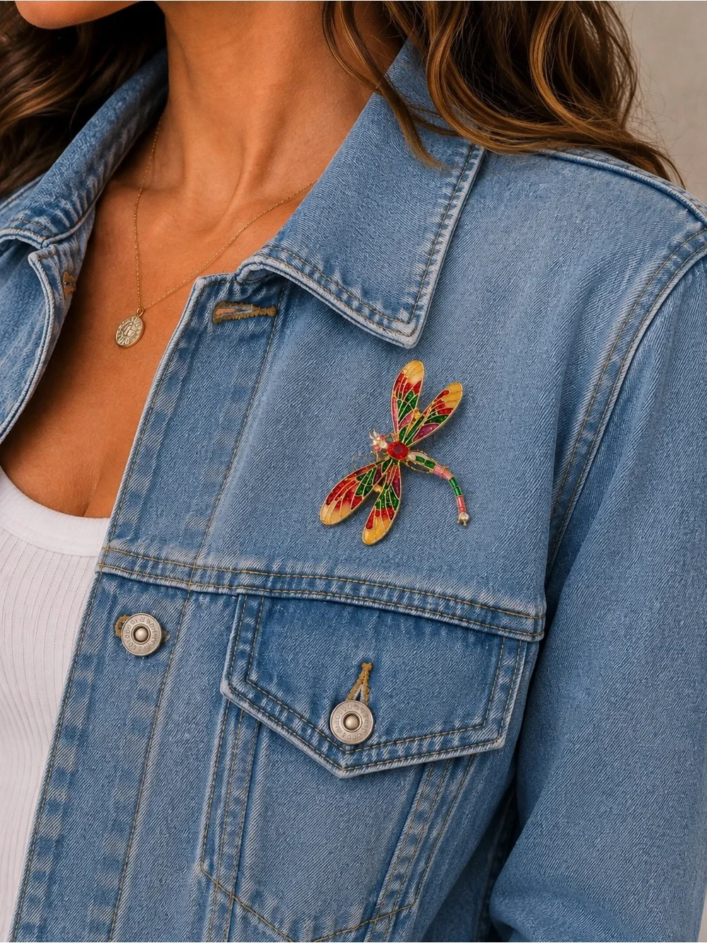 Colorful Dragonfly Brooch Pin - Gold Tone Accent
